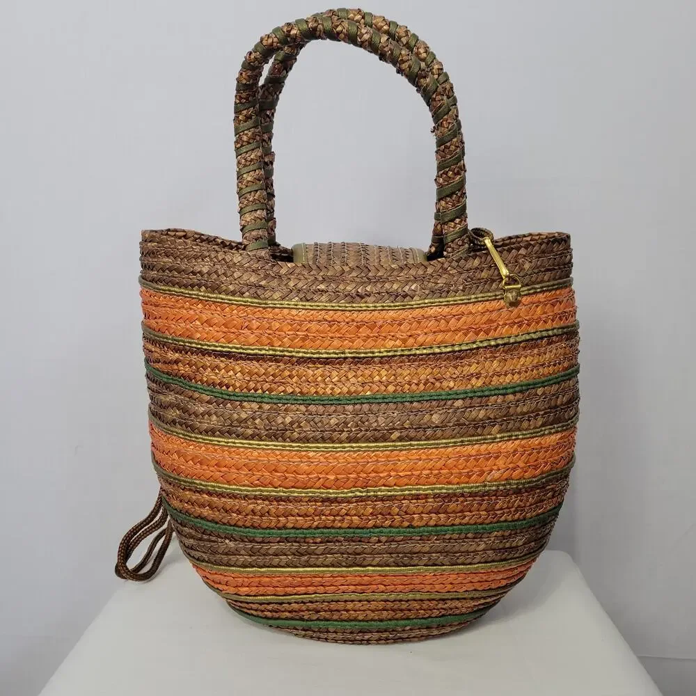 Vintage 90s Striped Straw Shoulder Hand Bag Multicolor Boho Beachy Vacation, New